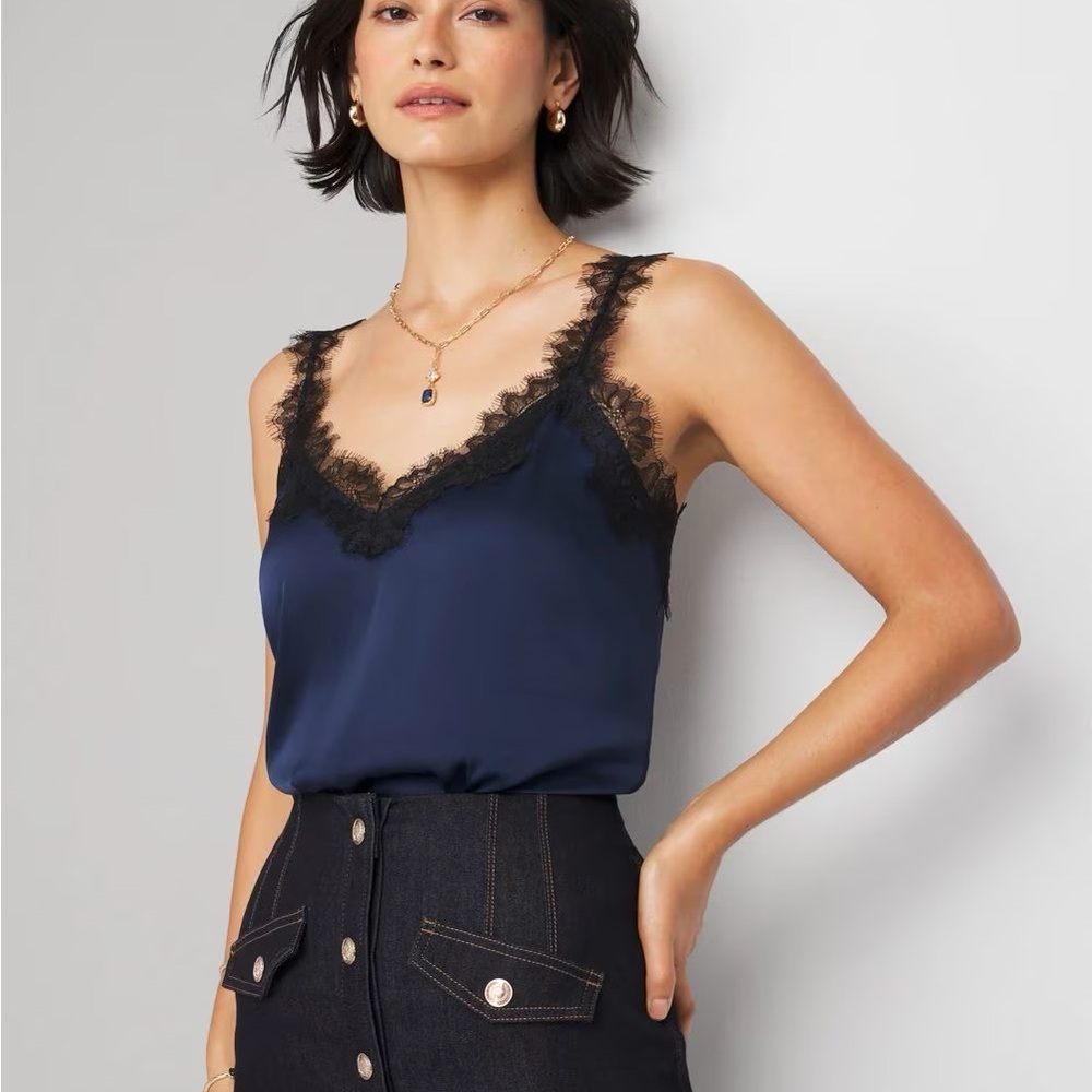 Elegant Navy Lace Trim Camisole